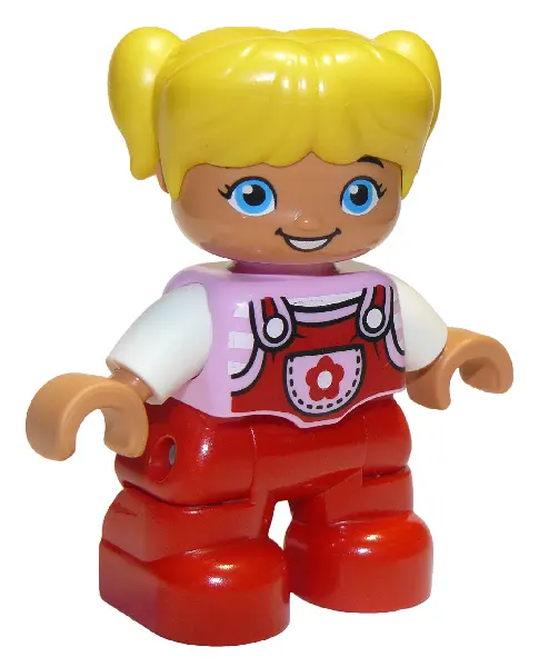 Duplo Figure Lego Ville, Child Girl, Red Legs, Bright Pink Top with Flower on Pocket, White Arms, Ye