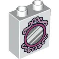 White Duplo, Brick 1 x 2 x 2 with Silver Mirror and Magenta Frame Pattern