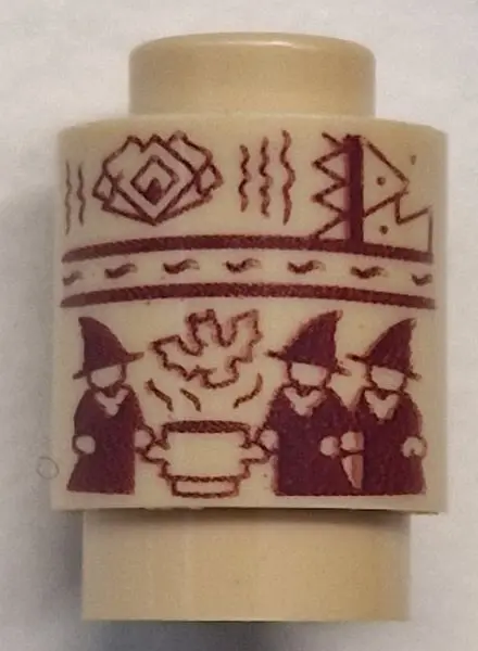 Tan Brick, Round 1 x 1 with 3 Dark Red Witches, Kettle and Bat Pattern