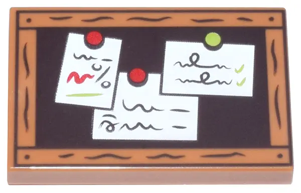 Medium Nougat Tile 2 x 3 with Dark Brown Bulletin Board with Wood Frame, White Notes, and Red and Li