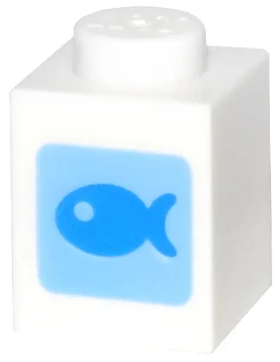 White Brick 1 x 1 with Dark Azure Fish on Medium Blue Square Pattern (Animal Crossing Fish Bait)