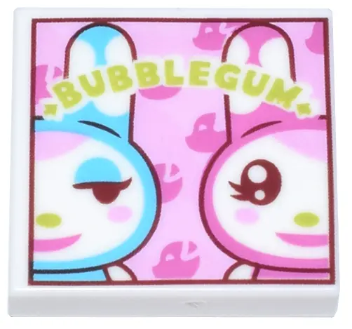 White Tile 2 x 2 with Medium Azure and Dark Pink Rabbits, Lime 'BUBBLE GUM' on Bright Pink Backgroun