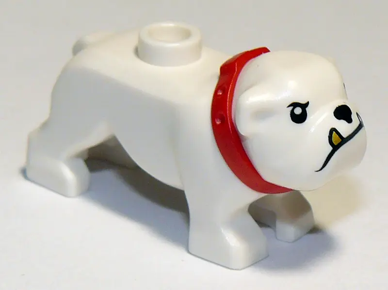 White Dog, Bulldog with Molded Red Collar and Printed Black Eyes, Eyebrows, Nose and Mouth, and Gold