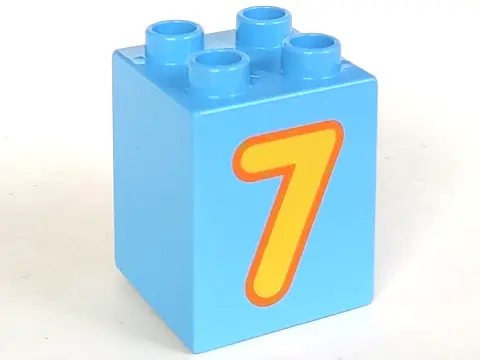Medium Blue Duplo, Brick 2 x 2 x 2 with Yellow Number 7 with Orange Outline Pattern