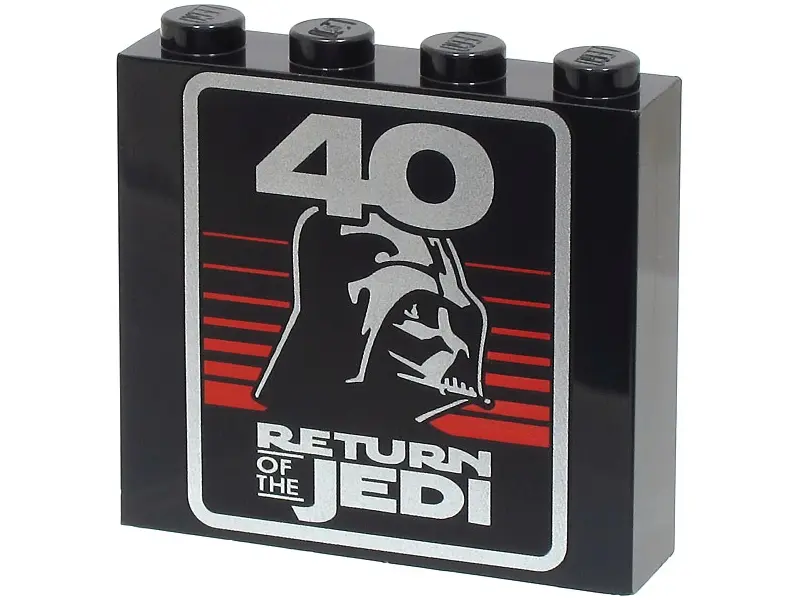 Black Brick 1 x 4 x 3 with Silver '40', 'RETURN OF THE JEDI', Darth Vader Helmet and Red Stripes Pat
