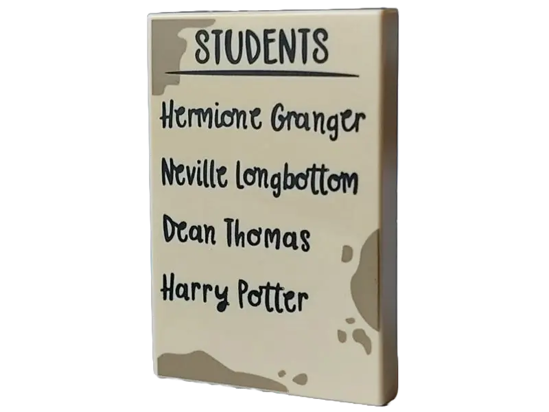 Tan Tile 2 x 3 with Dark Tan Dirt Marks and Black 'STUDENTS' List with 'Hermione Granger', 'Neville 