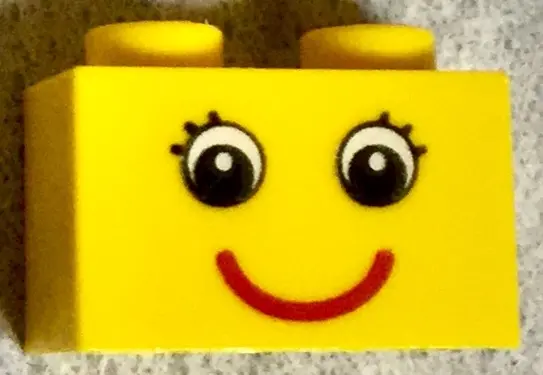 Yellow Brick 1 x 2 with Eyes with Eyelashes and Red Smile Pattern