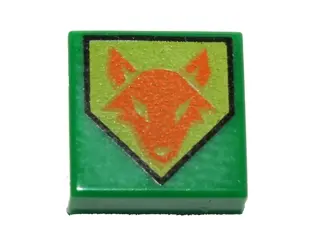 Green Tile 1 x 1 with Orange Fox Head on Lime Pentagonal Shield Pattern