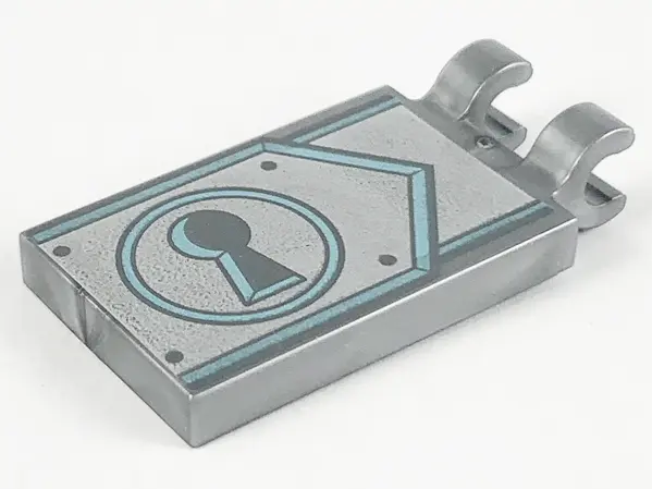 Flat Silver Tile, Modified 2 x 3 with 2 Clips with Dark Bluish Gray Keyhole on Metallic Light Blue a