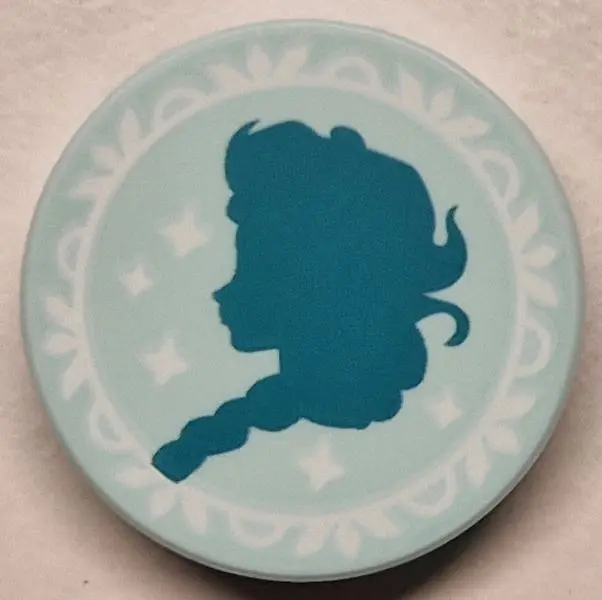 Light Aqua Tile, Round 2 x 2 with Bottom Stud Holder with Dark Turquoise Elsa Silhouette and White F