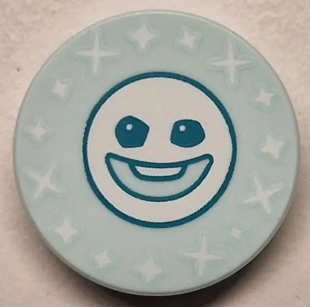 Light Aqua Tile, Round 2 x 2 with Bottom Stud Holder with Dark Turquoise Snowgie Face and White Spar