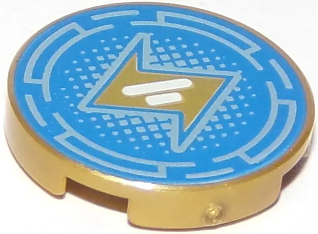 Pearl Gold Tile, Round 2 x 2 with Bottom Stud Holder with Gold Lightning Bolt and Metallic Light Blu