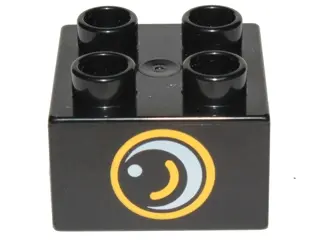 Black Duplo, Brick 2 x 2 with Eye with Gold Outline and White Spot and Curve Pattern on Two Sides