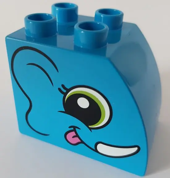 Dark Azure Duplo, Brick 2 x 3 x 2 Slope Curved with Circled Black Eye with Lime Highlight, Ear, Smil
