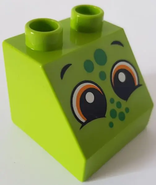 Lime Duplo, Brick 2 x 2 x 1 1/2 Slope 45 with 2 Eyes and Green Spots Pattern (Lizard)