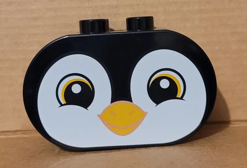 Black Duplo, Brick 2 x 4 x 2 Rounded Ends with Penguin Face Pattern
