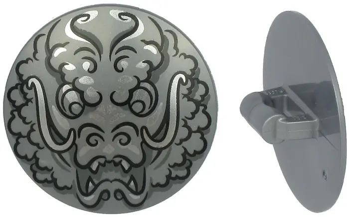 Flat Silver Minifigure, Shield Circular / Round Convex Face with Black and Silver Ninjago Dragon Hea
