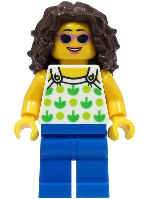 Beach Tourist - Female, White Halter Top with Green Apples and Lime Spots, Blue Legs, Dark Brown Lon
