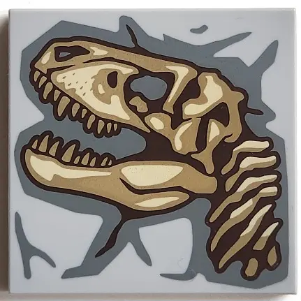 Light Bluish Gray Tile 4 x 4 with Dark Brown, Dark Tan and Tan Tyrannosaurus rex Skull Fossil on Jag