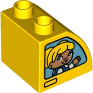Yellow Duplo, Brick 2 x 2 x 1 1/2 Slope Curved with Boy with Blue Cap on One Side and Blond Girl on 