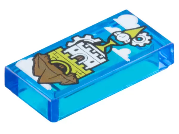 Trans-Dark Blue Tile 1 x 2 with White Clouds, Lime Castle and Clock Tower on Floating Rock Pattern