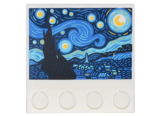 White Tile, Modified 4 x 4 with Studs on Edge with The Starry Night Painting Pattern