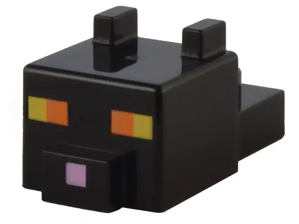 Black Creature Head Pixelated with Ears, Nose, and Face with Orange and Yellow Eyes and Bright Pink 