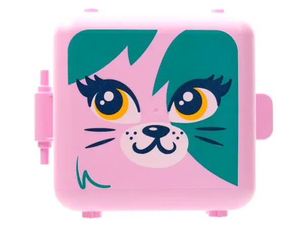 Bright Pink Container, Box 3 x 8 x 6 2/3 Half Front with Cat Face with Dark Turquoise Splotches Patt