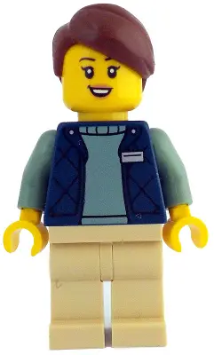 Botanical Garden Manager - Female, Dark Blue Bodywarmer over Sand Green Sweater, Tan Legs, Reddish B