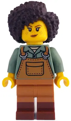 Gardener - Female, Medium Nougat Overalls over Sand Green Shirt, Reddish Brown Boots, Dark Brown Hai