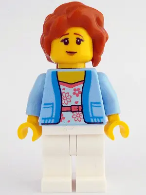 Woman - Bright Light Blue Jacket over White Shirt with Coral Flowers, White Legs, Dark Orange Hair w