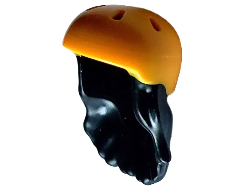Black Mini Doll, Hair Combo, Hair with Hat, Long with Molded Bright Light Orange Bicycle Helmet Patt