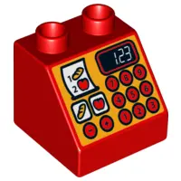 Red Duplo, Brick 2 x 2 x 1 1/2 Slope 45 with Cash Register, Bread and Apple Buttons, Receipt, and '1
