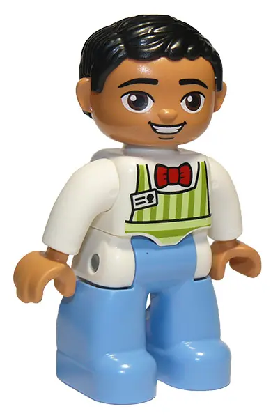 Duplo Figure Lego Ville, Male, Medium Blue Legs, Lime Striped Apron, Red Bow Tie, Black Hair, Oval E