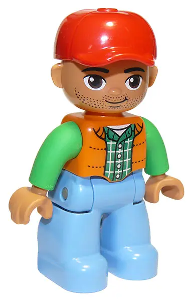 Duplo Figure Lego Ville, Male, Medium Blue Legs, Orange Vest, Dark Green Plaid Shirt, Bright Green A