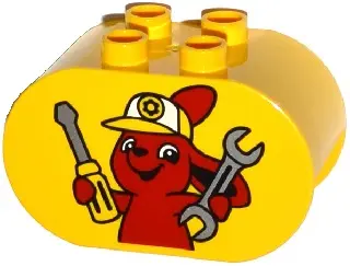 Yellow Duplo, Brick 2 x 4 x 2 Rounded Ends with Bunny / Rabbit Holding Wrench and Screwdriver Patter