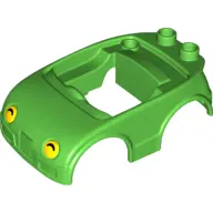 Bright Green Duplo Car Body with 2 Studs on Back and Yellow Headlights with Black Shadow Pattern (fi
