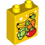 Yellow Duplo, Brick 1 x 2 x 2 with Fruits and Vegetables (Bananas, Carrots, Tomato and Broccoli) Pat
