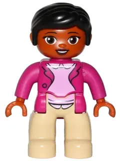 Duplo Figure Lego Ville, Female, Tan Legs, Magenta Jacket and Pink Blouse Pattern, Black Hair, Brown