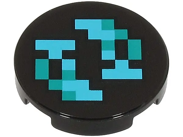Black Tile, Round 2 x 2 with Bottom Stud Holder with Pixelated Medium Azure and Dark Turquoise Shape
