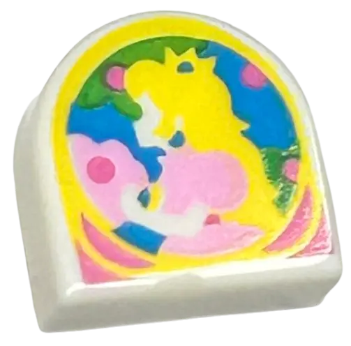 White Tile, Round 1 x 1 Half Circle Extended with Super Mario Princess Peach Pattern