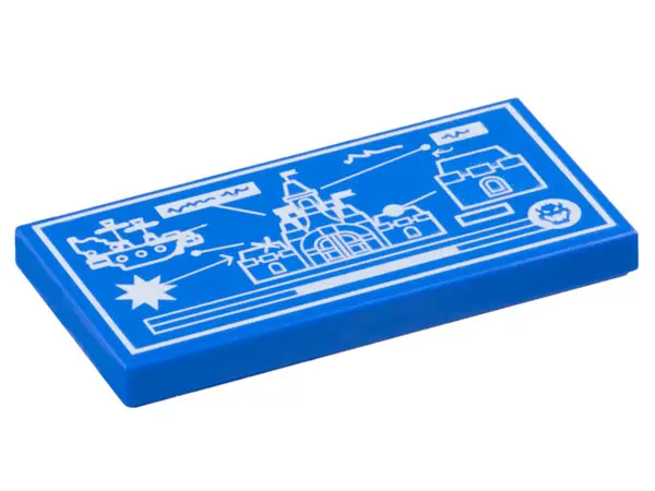 Blue Tile 2 x 4 with White Blueprint, Airship and Fortress Attacking Castle Pattern
