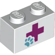 White Brick 1 x 2 with Magenta Cross and Animal Paw Pattern
