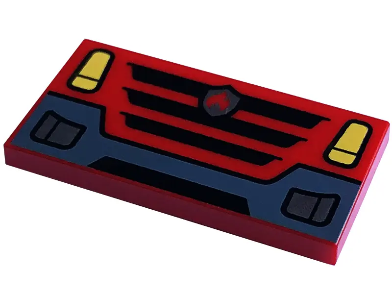 Red Tile 2 x 4 with Yellow Headlights, Black Grille with Silver Fire Logo Badge, and Dark Bluish Gra