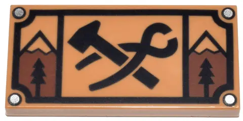 Medium Nougat Tile 2 x 4 with Black Blacksmith's Hammer and Tongs, Trees and Mountains Pattern