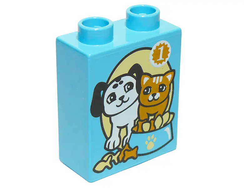Medium Azure Duplo, Brick 1 x 2 x 2 with Dog and Cat with Food Bowl and Number 1 Pattern