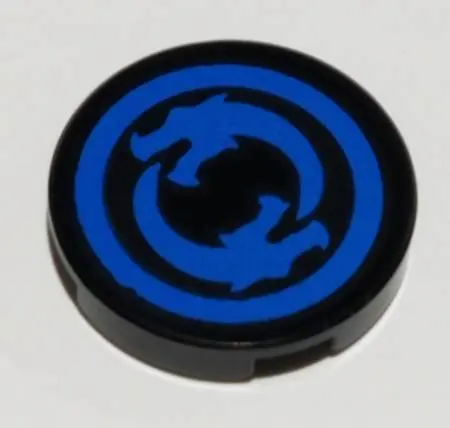 Black Tile, Round 2 x 2 with Bottom Stud Holder with Solid Blue Circle Border with Circling Dragons 