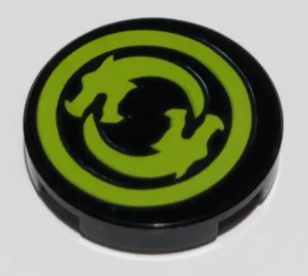 Black Tile, Round 2 x 2 with Bottom Stud Holder with Solid Lime Circle Border with Circling Dragons 