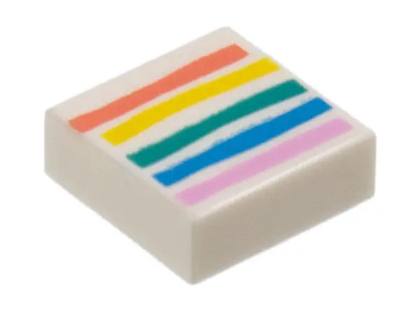 White Tile 1 x 1 with Coral, Yellow, Dark Turquoise, Dark Azure, and Bright Pink Rainbow Stripes Pat