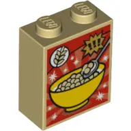 Tan Brick 1 x 2 x 2 with Inside Stud Holder with Bowl, Wheat, Spoon, and Exclamation Marks Cereal Bo